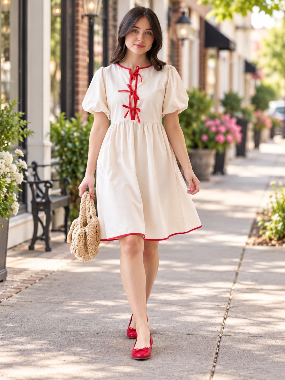 Downeast Cream Puff-Sleeve Dress with Red Trim NWT
